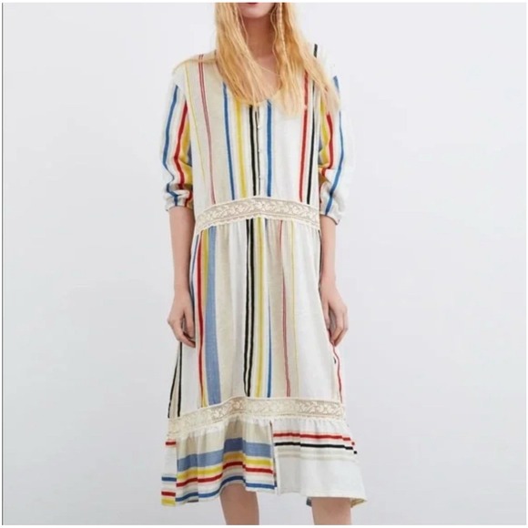 Zara Dresses & Skirts - ZARA Midi‎ Dress Women's Small Multicolor Striped Boho Peasant